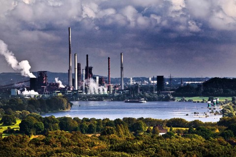 View from the Rheinpreussen spoil tip to Duisburg with ships on the Rhine and the Thyssen Krupp