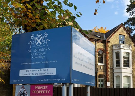 Sign for St Andrew's College school offering university foundation courses, Salisbury Villas,