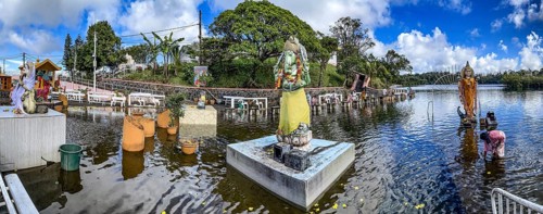 Panorama panoramic photo of Hinduism pilgrimage site holy Hindu lake Ganga Talao Grand Bassin for