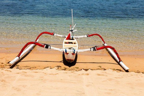 Fishing outriggers on the beach of Sanur, Bali, Indonesia, Asia