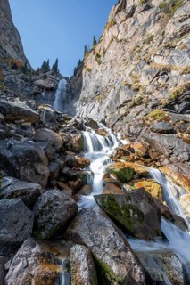 Barskon or Barskoon waterfall, mountain landscape with waterfall in a mountain valley, Jeti-Ögüz,