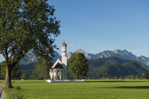 Pilgrimage church of St Coloman in the morning light, Schwangau, Füssen, Ostallgäu, Allgäu, Swabia,