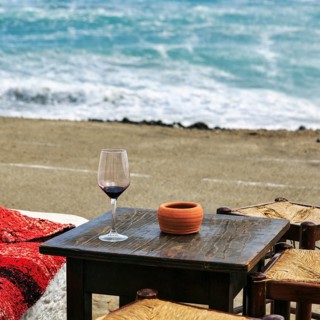 Empty wine glass on simple wooden outdoor table, bar, beach bar, Cabo-de-Gata-Nijar, Cabo de Gata,