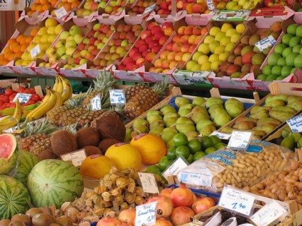 Market stall with different types of fruit and vegetables