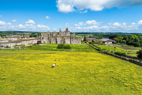 Middleham Castle from a drone, Middleham, Wensleydale, North Yorkshire, England, United Kingdom,