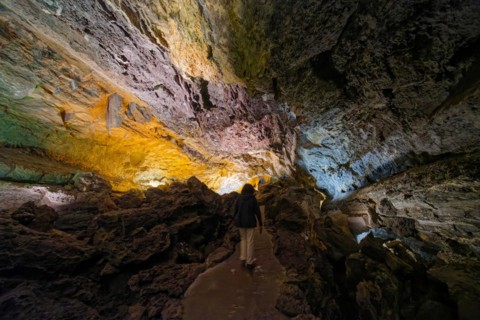 Lava tunnel Cueva de los Verdes with the light installation by Jesús Soto, Costa Teguise,