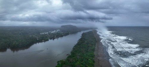 Aerial view, beach and sea, coast with rainforest, Tortuguero National Park, Costa Rica, Central