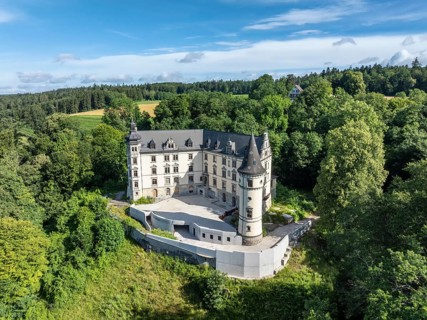 Aerial view of Steinegg Castle, a castle rebuilt in 1887 in the Neo-Renaissance style and renovated