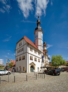 Eisenberg town hall from the 16th century on the market square, old town of Eisenberg,