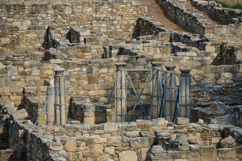 Historical ruins with several stone columns and walls, archaeological site, atrium house, Kamiros,