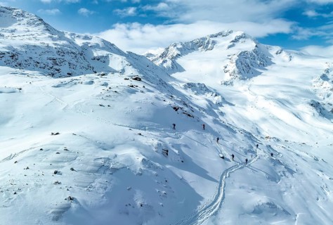 Aerial view, snowy mountain landscape, ski tourers on the ascent, behind Cevedale, Ortler group,