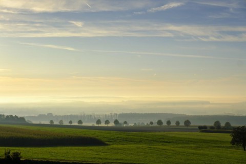 Landscape at sunrise with fog, Offingen am Bussen, Swabian Alb, Upper Swabia, Swabia,