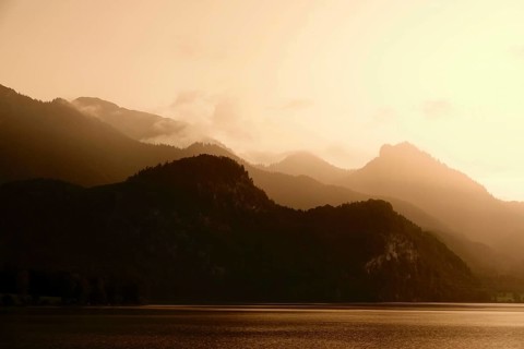 Mountain scenery at Lake Kochel, thunderstorm atmosphere, end of August, Upper Bavaria, Bavaria,