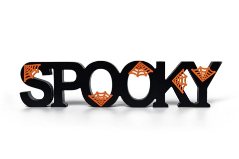 Halloween decor wooden letters saying 'Spooky' with orange cobwebs on white background