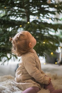 A small child sits in front of a decorated Christmas tree with lights in a cosy room and looks up