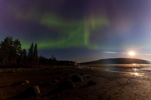 Northern lights, (Aurora borealis) at a lake near Kiruna, September 2024, Lapland, Sweden, Europe