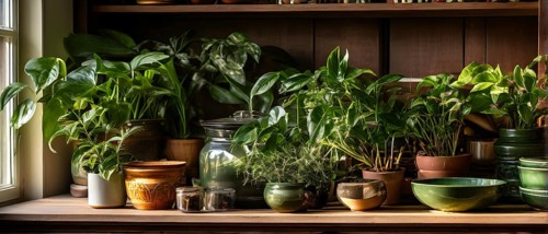 A sunlit kitchen corner, with a rustic wooden shelf holding neatly arranged ceramic bowls and a