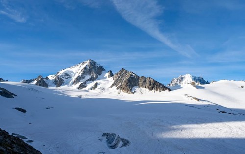 High alpine mountain landscape, summit of the Aiguille de Chardonnet and Glacier du Tour, glaciers