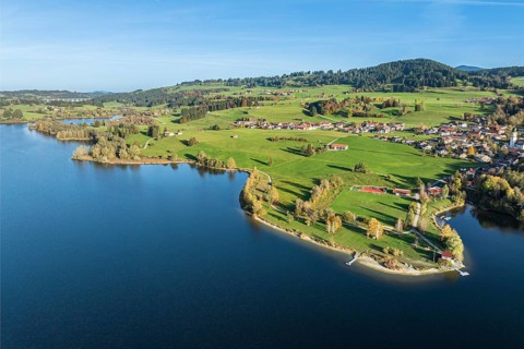 Sports facility and bathing area, lake Rottachsee, village Petersthal, autumn, aerial view,