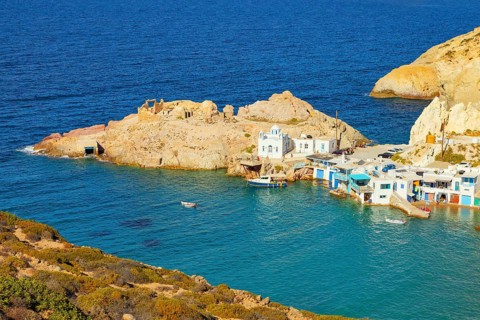 Firopotamos village, high angle view, Firopotamos, Milos Island, Cyclades Islands, Greece, Europe