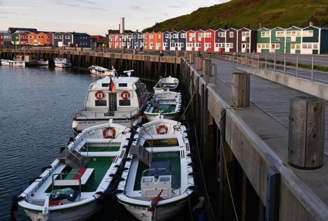 Lobster shacks and fishing boats in the harbour of Heligoland, Schleswig-Holstein, Germany, Europe