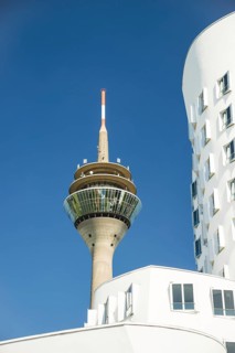 Gehry buildings and television tower, Media Harbour, Neuer Zollhof, Düsseldorf, North