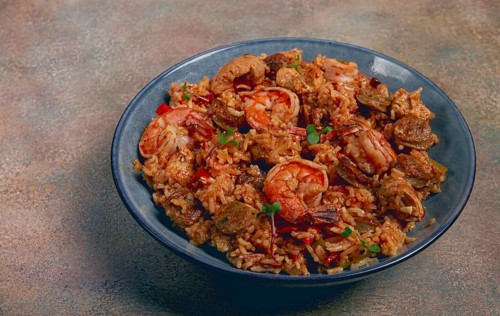 Jambalaya, Creole dish, American pilaf, rice with chicken and shrimp, vegetables, homemade, no