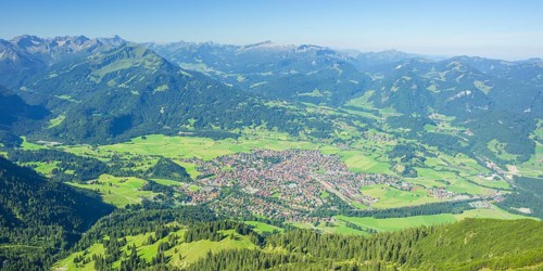 Panorama from the Gaisalphorn, 1953m, on Oberstdorf, behind it the Kleinwalsertal, Allgaeuer Alps,