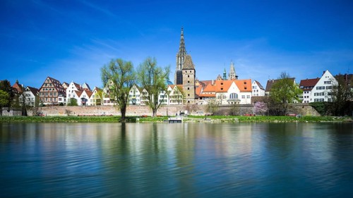 Panorama over the Danube to Ulm with Ulm Minster and Metzgerturm, Baden-Württemberg, Germany,