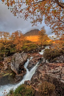Waterfall, wild river, cloudy mood, morning light, autumn colours, autumn, mountains, Buachaille