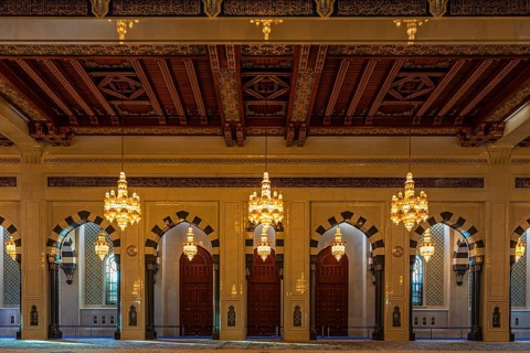 Side entrances with illuminated chandeliers of the Sultan Qaboos Mosque, Muscat, Arabian Peninsula,