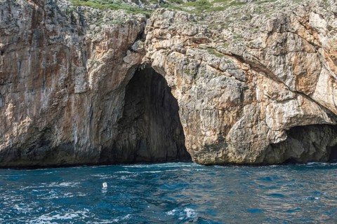 Sea caves on the coast of Santa Maria di Leuca, Apulia, Salento, Italy, Europe