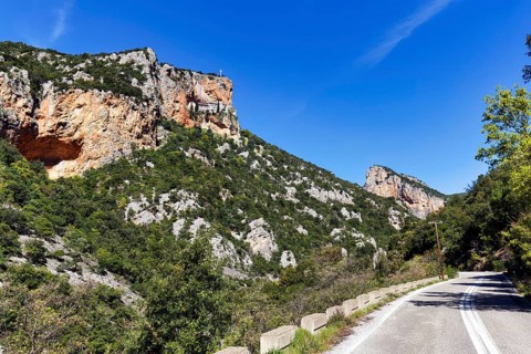Parnon Mountains with the Greek Orthodox monastery of Elona on the cliffs, Arcadia, Peloponnese,