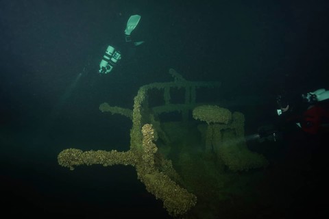 Divers explore the shipwreck of an old ship in deep water overgrown with mussels, quagga triangle