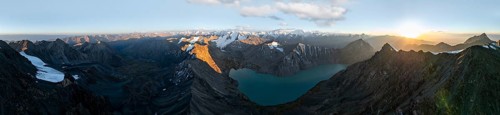 Evening mood, mountain panorama, aerial view, 4000 metre peak with glacier, mountain pass and