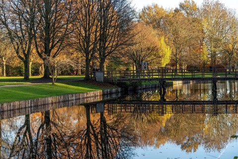 Autumn in the park of Hülshoff Castle, Havixbeck, Münsterland, North Rhine-Westphalia, Germany,