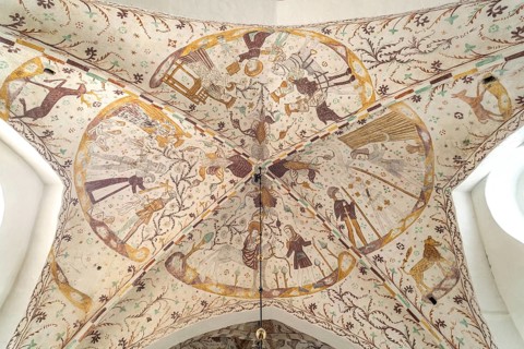 Religious frescoes by the Elmelunde Master in the church of Elmelunde, Mön Island, Denmark, Europe