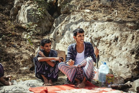 Camel breeders, Ali's sons Zuhail (13, left, and Eli, 15) on the camel farm of Sheikh Ahmed Ali