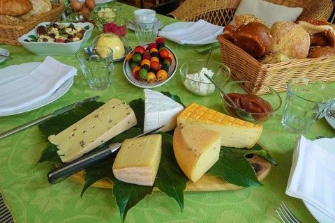 Cheese platter with different types of cheese, hard cheese, fruit skewers arranged on serving