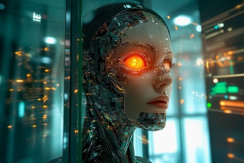 Conceptual symbolism of artificial Intelligence represented by a humanoid face with a glowing