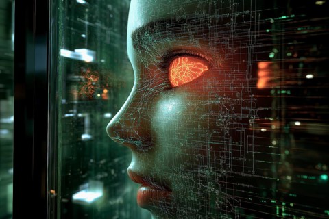 Conceptual symbolism of artificial Intelligence represented by a human face with a glowing orange