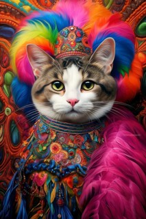 Bengal cat dressed in colorful carnival clothing, AI generated