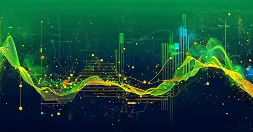 Abstract illustration of digital wave forms and circuits converging to form abstract symbols of