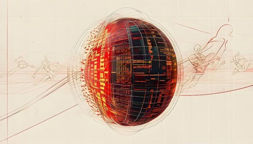 Illustration of an abstract, vibrant orange colored rotating digital sphere with patterns
