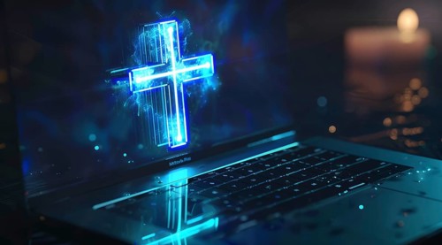 Religion and Christianity online. Concept of Christian science and technology, AI generated