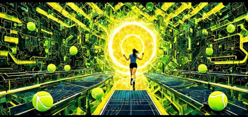 Vibrant mix of abstract circuitry intertwined with tennis balls, representing AI role in