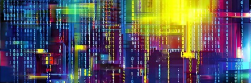 Binary code cascading down like digital rain, representing data insights, vibrant hues, AI