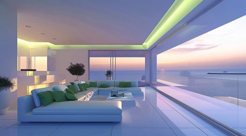 Modern Luxury spacious living room in a condo with sliding windows and scenic view., AI generated