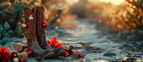 Cowboy boochristmas, tree, decorated, gifts, winter, banner, holiday, small tree, festive,