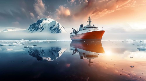 Icebreaker ship in cold Antarctic ocean on expedition mission discovering new energy resources., AI